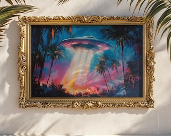 Retro UFO Poster | Neon Alien Entführung Wandkunst Steampunk Sci-Fi Print