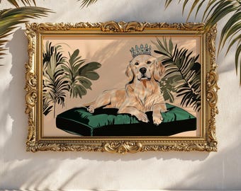 Stampa Golden Retriever Crown: ritratto di cane regale color smeraldo, arredamento kitsch vintage