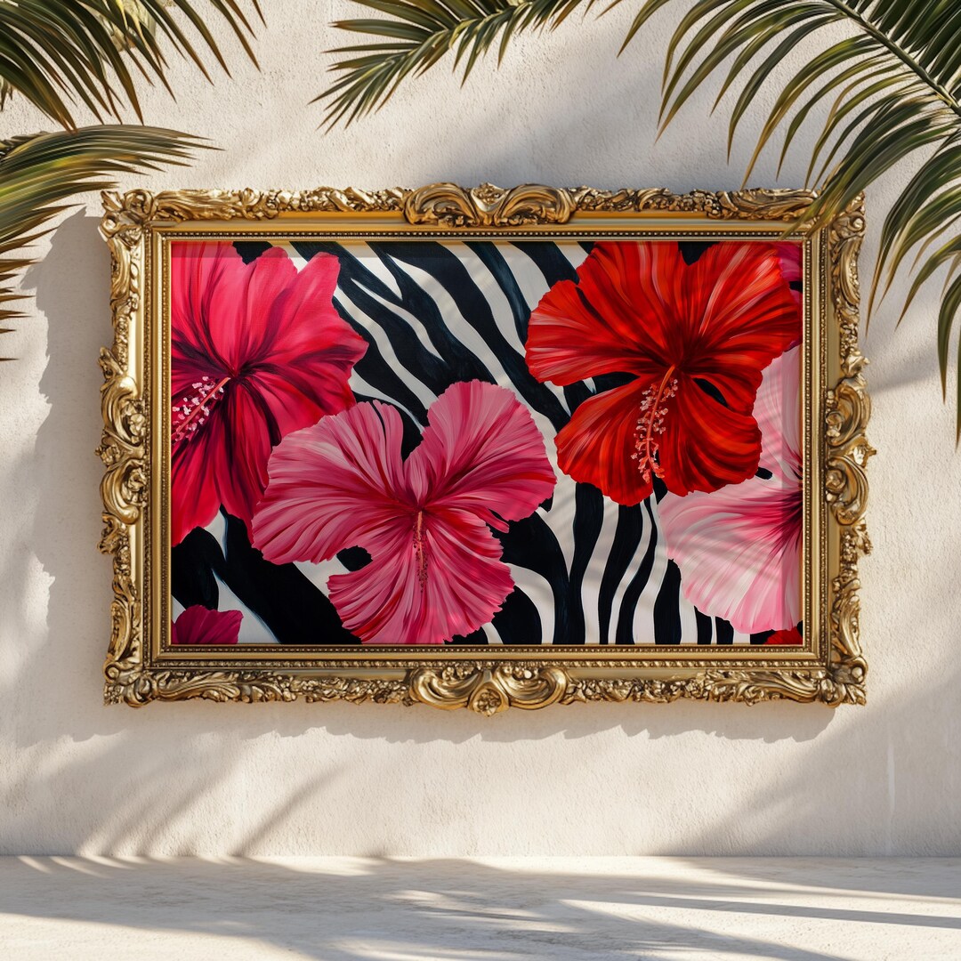 Hibiscus & Zebra Stripe Print: Tropical Floral 80s Glam Wall Art