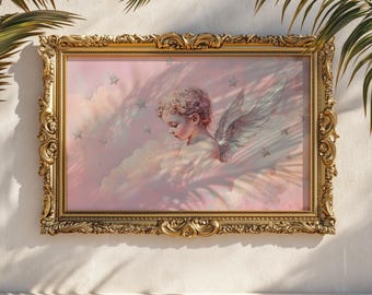 Pink Dream Cherubino: stampa artistica con angelo bambino tra le nuvole, arte murale con cherubino pastello, decorazione estetica rosa tenue