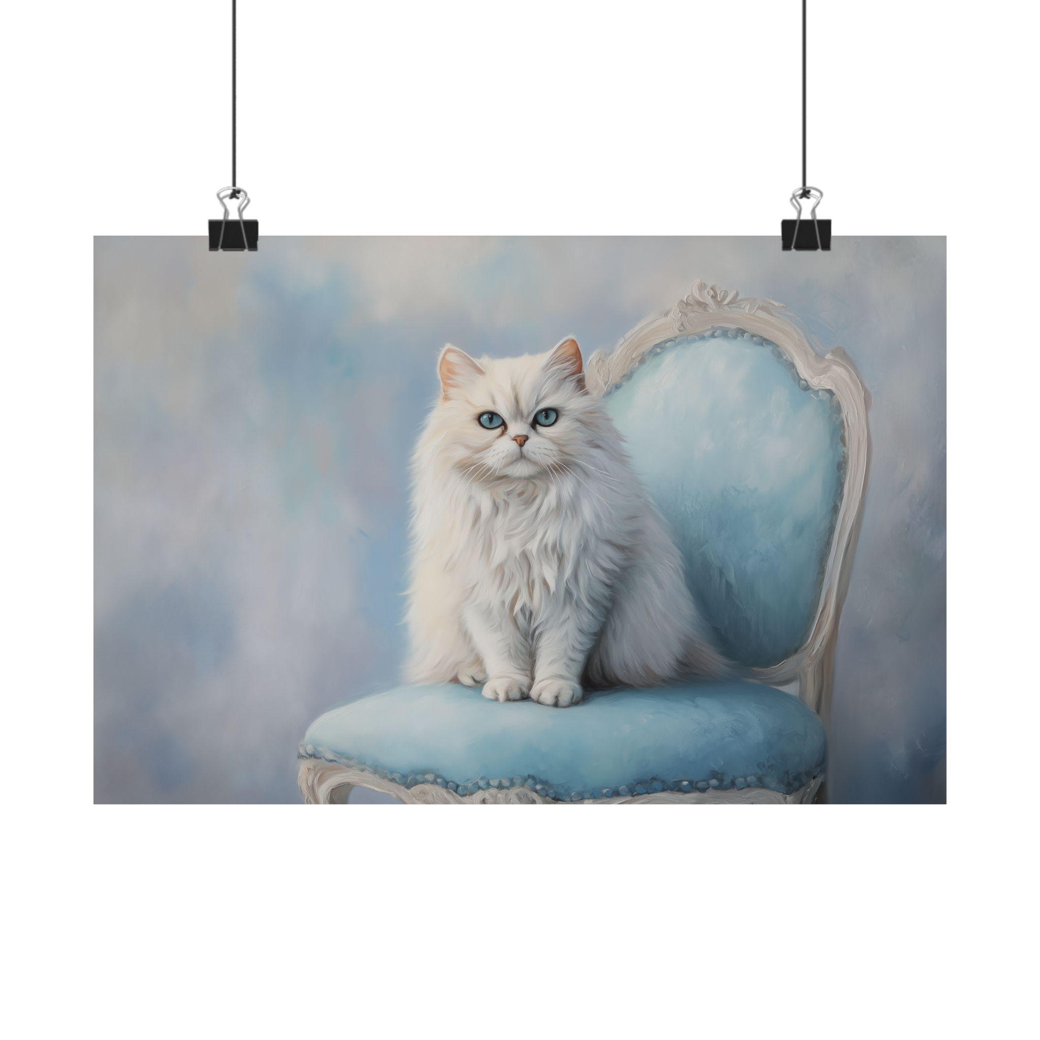 白いペルシャ猫のアートプリント：青い椅子に座る優雅な肖像画 - Etsy 日本