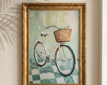 Série Checker City : Palm Beach n° 03 | Reproduction d'une peinture à l'huile vintage représentant un vélo, décoration murale style cottage côtier