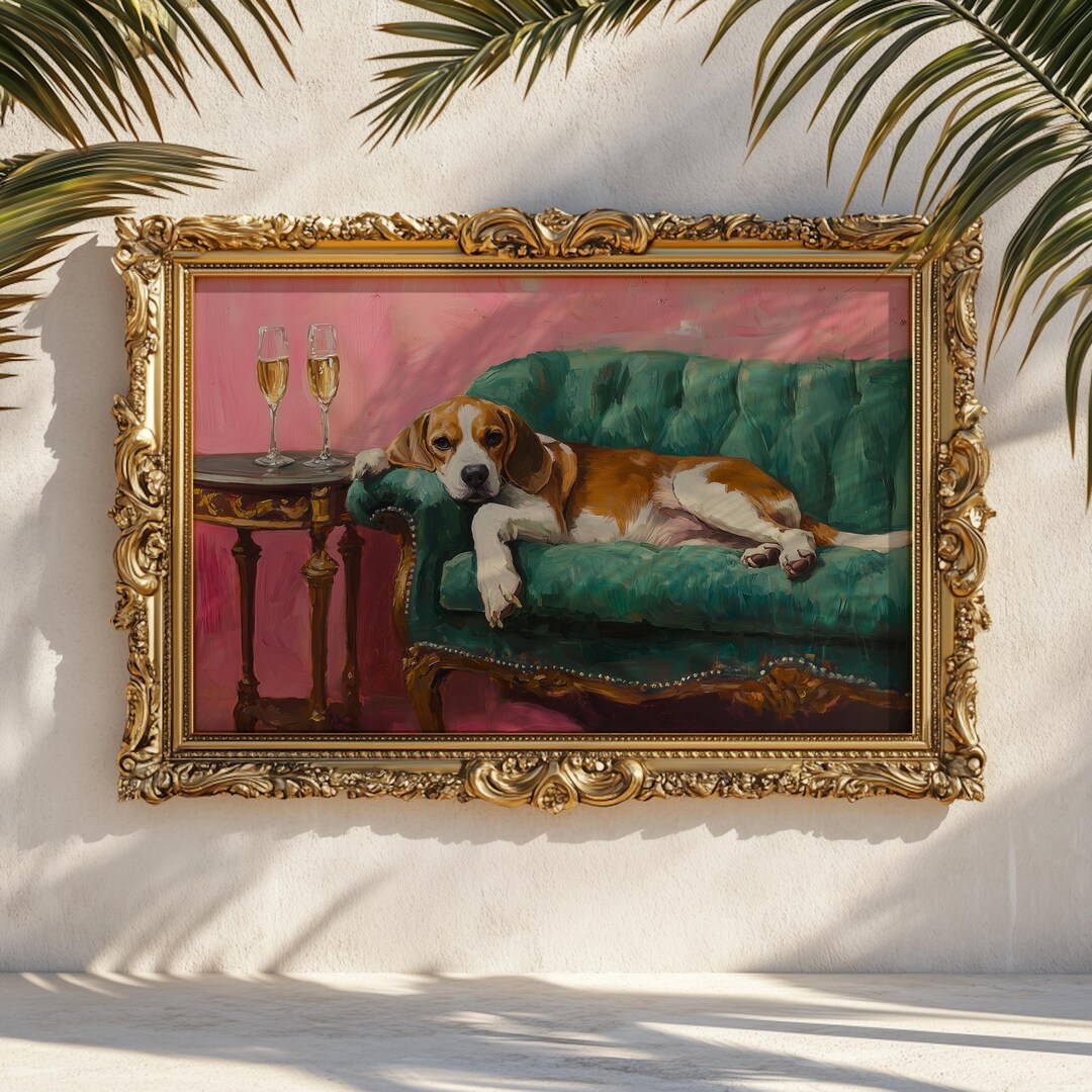 Beagle Horizontal Beagle on Teal Sofa Matte Horizontal Poster: Cheeky Dog Art, Wall Print ...
