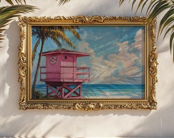 Pink Lifeguard Tower Print: Retro Miami Beach Coastal Art
