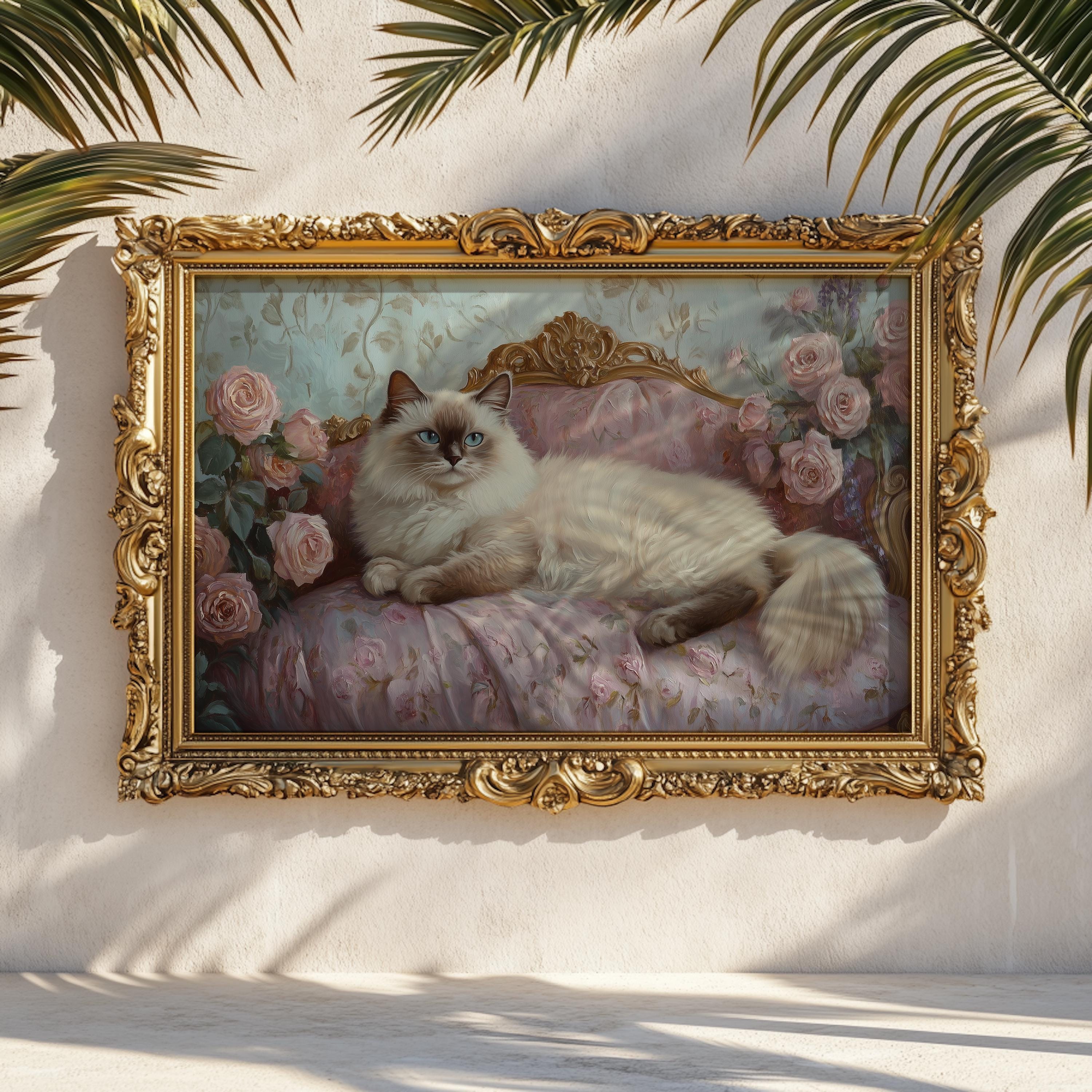 ピンクの花柄ソファに座るラグドール猫のアートプリント：ヴィンテージ