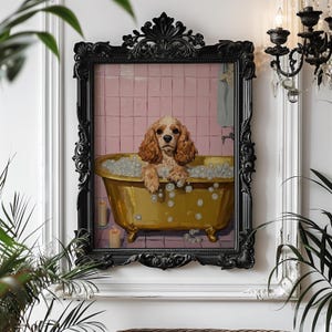 May include: A framed painting of a dog in a golden bathtub filled with bubbles. The dog has brown and white fur and is looking at the viewer. The painting is in a black ornate frame, with a pink tiled background.