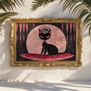 Glam Black Cat Print: Retro Princess with Tiara - Girly Pink Wall Art