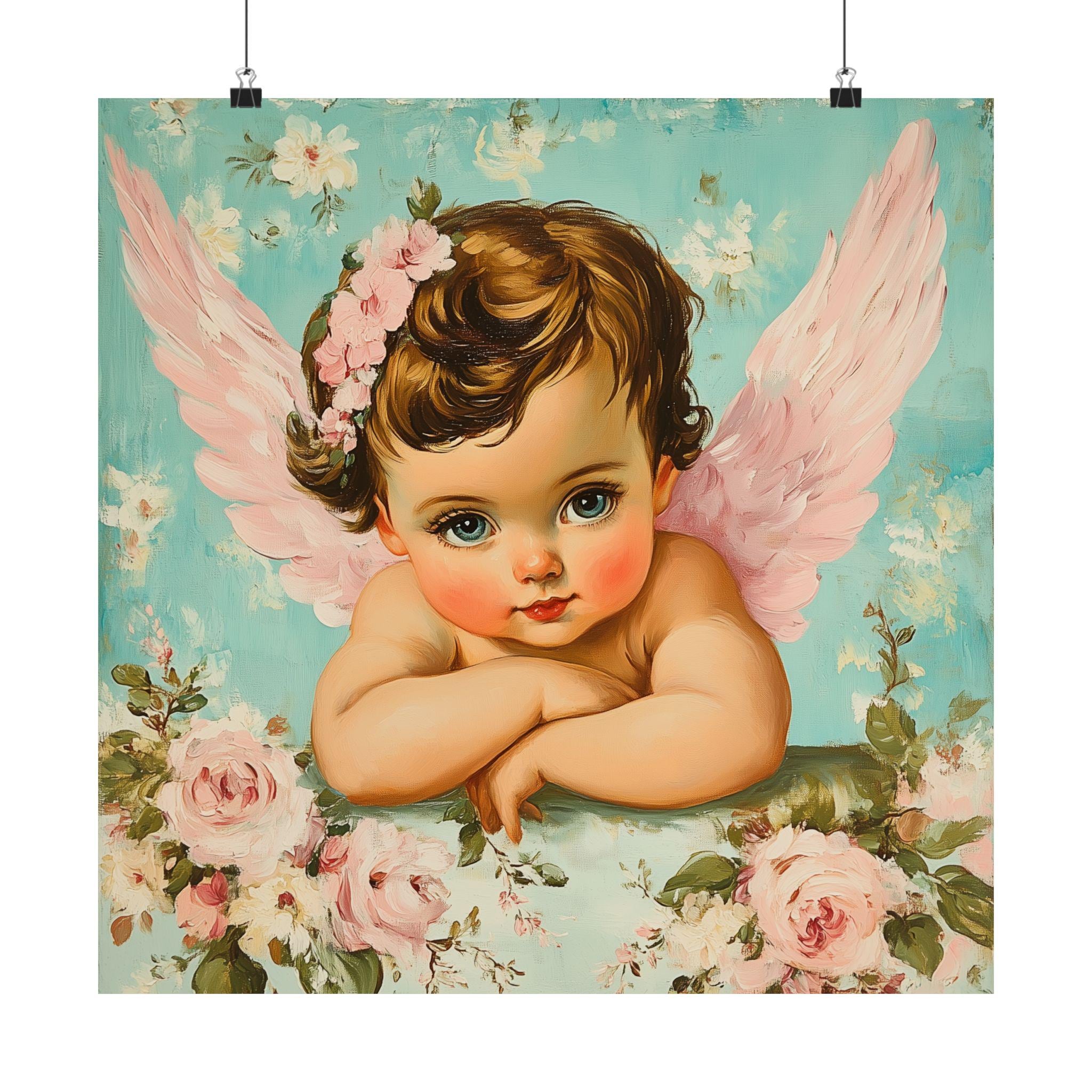 Vintage Cherub Art Print: Pink Wings, Romantic Cottagecore Decor