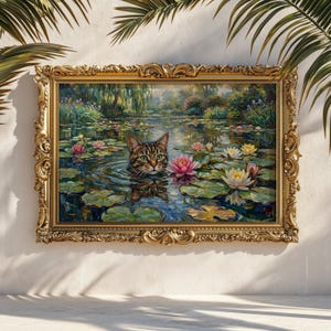 May include: A framed painting featuring a tabby cat swimming in a pond filled with lily pads and pink and white water lilies. The painting has a gold ornate frame and is set against a white wall with palm fronds.