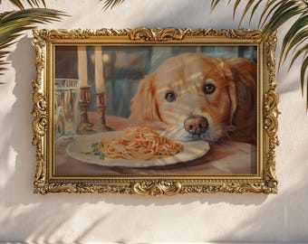 Golden Retriever Pasta Wall Art Print: Dog at Dinner Poster
