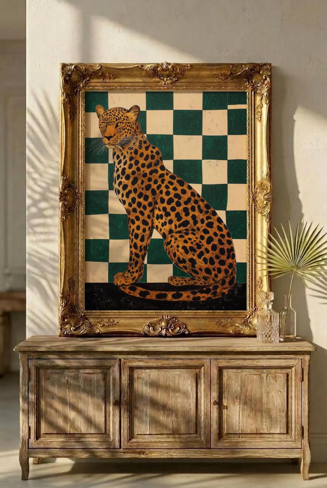 Sitting Leopard Print, Green and Cream Checkerboard Wall Art, Elegant ...