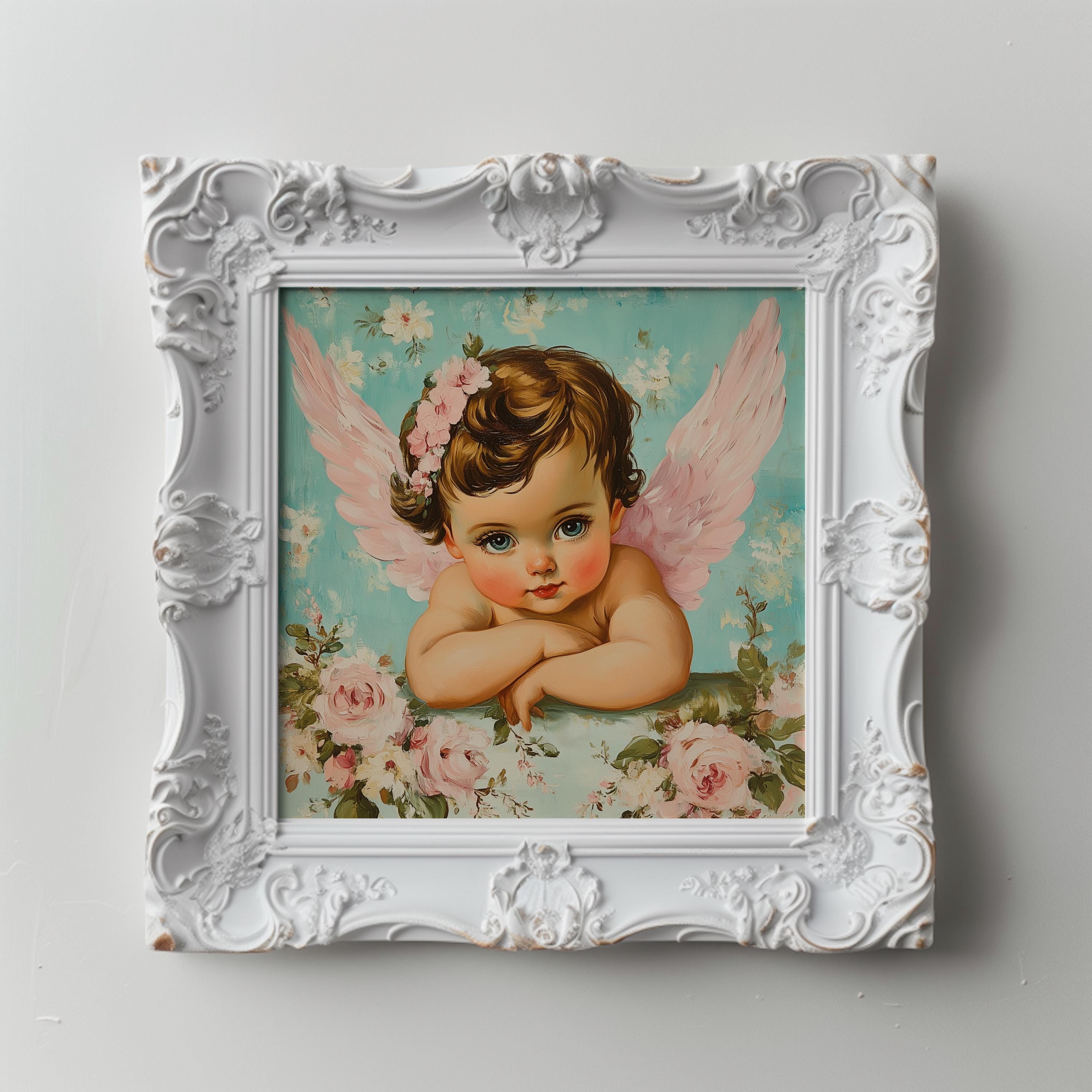 Vintage Cherub Art Print: Pink Wings, Romantic Cottagecore Decor