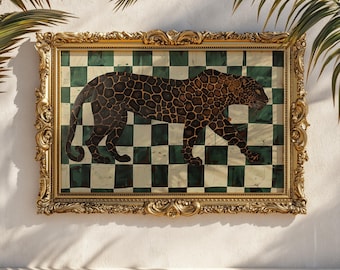 Dark Brown Leopard on Checkerboard: Modern Animal Wall Art Neutral Statement Print