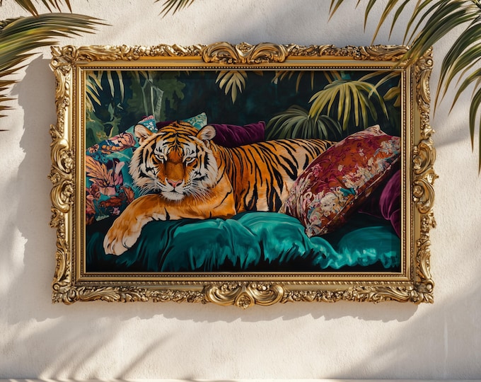 Tiger on Velvet Sofa Print: Jewel-Tone Jungle, Maximalist Wall Art