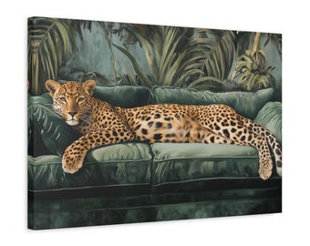 Canvas Leopard on Emerald Velvet Print: Vintage Palm Tree Art