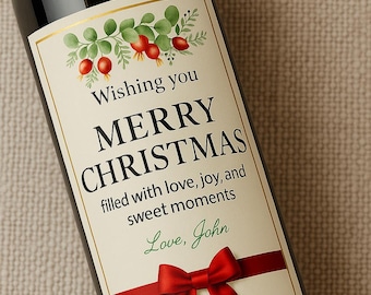 May include: A dark wine bottle with a label that reads "Wishing you Merry Christmas" with a red bow. The label has a gold border and features green leaves and red berries. The text "Love, John" is also on the label.
