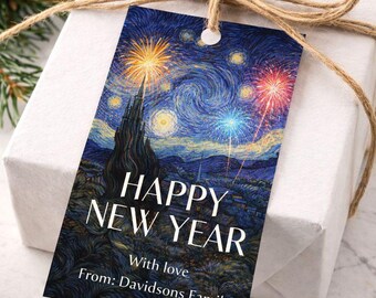 May include: A white gift box tied with twine, featuring a tag with a starry night and fireworks design. The tag reads "Happy New Year" with a personalized message. Festive holiday theme.