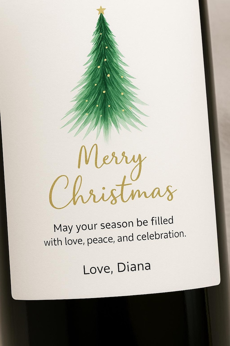 May include: A wine bottle label with a watercolor Christmas tree design. The label features the words "Merry Christmas" in gold script, along with a holiday message and the name "Diana".