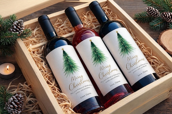 Editable Minimal Christmas Wine Label • Watercolor Tree • 4x5 Canva • 750ml