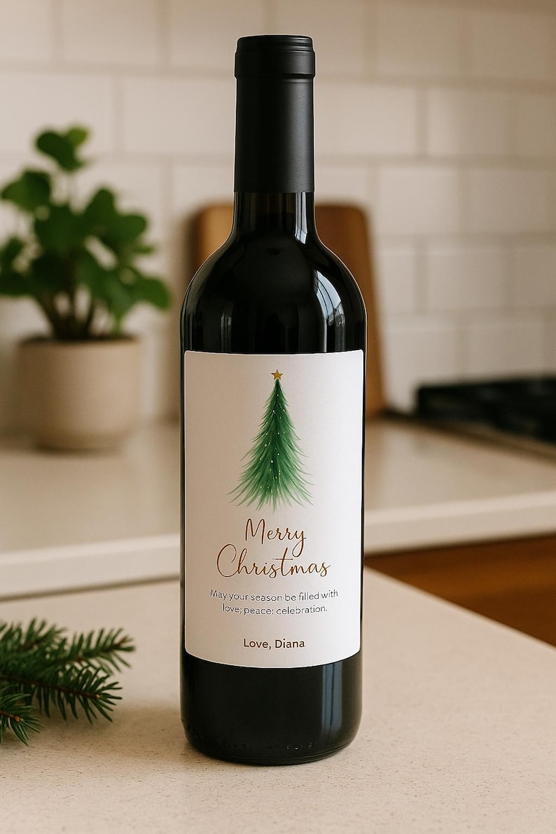 May include: A dark wine bottle with a label featuring a green Christmas tree and the words "Merry Christmas." The label also includes the text "May your season be filled with love; peace: celebration. Love, Diana."