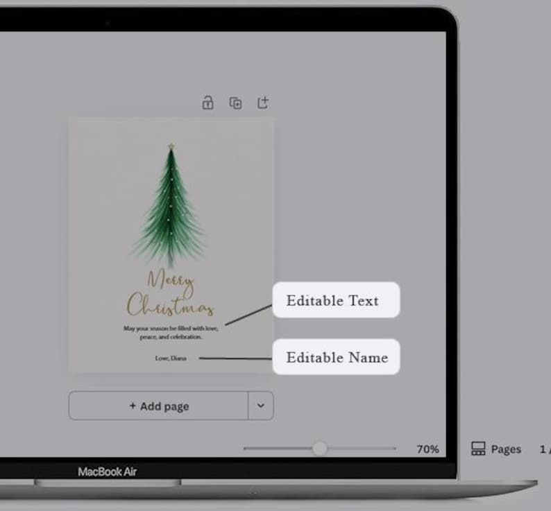 May include: A Christmas card design displayed on a MacBook Air screen. The card features a watercolor-style green Christmas tree and the words "Merry Christmas" in gold script. Below the text is the phrase "May your season be filled with love, peace, and celebration."