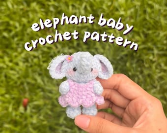 May include: A handmade crochet elephant baby doll in light blue and pink. The elephant has large ears, a pink flower, and is wearing a pink dress. The text "elephant baby crochet pattern" is written in white cursive.