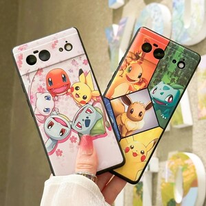 May include: Two phone cases featuring different Pokemon characters. The first case is pink with a floral pattern and features Pikachu, Bulbasaur, Squirtle, and other Pokemon. The second case is black and features a variety of Pokemon characters, including Eevee, Charmander, and Squirtle.
