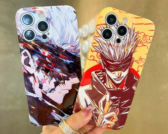 May include: Two phone cases with different anime characters. The case on the left features a black and white character with a red and blue background. The case on the right features a yellow and red character with a yellow and orange background.