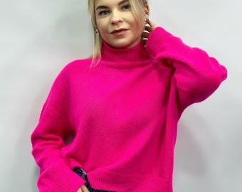 Angora sweater, angora golf, fuchsia sweater, crop sweater, pink neon