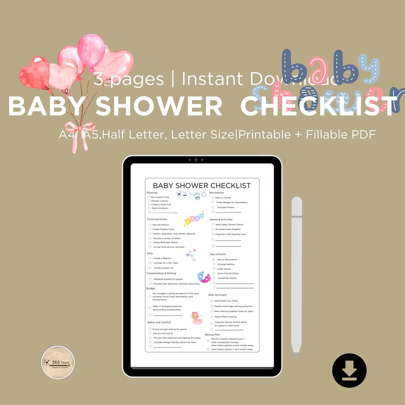 Baby Shower Checklist | PDF & PNG|A4, A5, Half Letter,letter Sizes|non ...