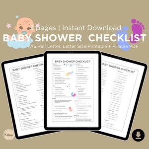 Lista de verificación para baby shower / PDF y PNG / A4, A5, media carta, tamaños de carta / Planificador de fiestas no editable / Descarga instantánea / Planificador imprimible / Maestro