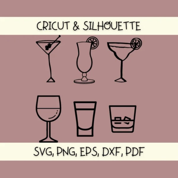 Alcohol Glass SVG Bundle | Wine, Cocktail, Whiskey, Margarita, Martini, Shot Glass | Cricut and Silhouette | Immediate Digital Download