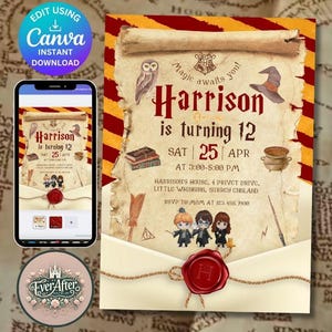 Invito di compleanno modificabile di Harry Potter, modello per festa di magia di Hogwarts, invito stampabile per la scuola di magia, download digitale per la festa dei bambini