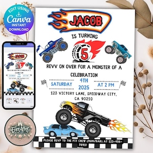Bearbeitbarer Monstertruck-Geburtstags-Einladungs-Monster Jam Party-Einladung Digitaler Sofort-Download-Jungen-Geburtstags-Einladungs-kundenspezifische Monstertruck-Karte