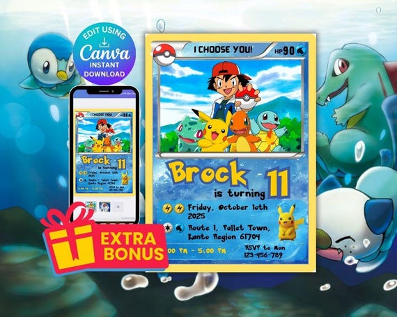 Editable Pokemon Birthday Invitation Printable Pikachu Invite Pokemon Card Party Invite Digital Template for Kids Canva Instant Download