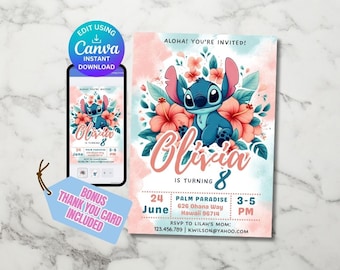 Editable Stitch Birthday Invitation Stitch Party Invite Canva Template Kids Birthday Custom Name Digital Invitation Mobile Printable File