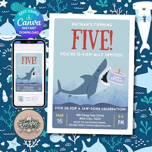 May include: A birthday party invitation with a shark theme. The invitation reads "Nathan's Turning Five!" and features a cartoon shark holding a birthday cake. The invitation includes event details and the text "Join us for a jaw-some celebration!"