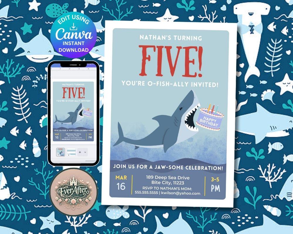Editable Shark Birthday Invitation Printable Shark Party Invite Instant Download Shark Theme Birthday Pool Party Under the Sea Kids Template