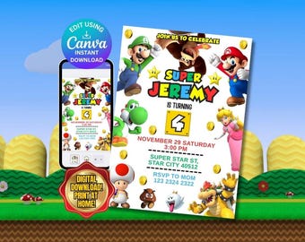 Editable Super Mario Birthday Invitation Mario Party Canva Template Super Mario Kids Party Mario Kart Instant Download Printable Invite