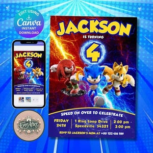 Modèle d'invitation d'anniversaire Sonic modifiable Invitation fête Sonic imprimable en téléchargement numérique Invitation d'anniversaire pour enfants