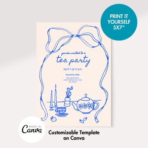 May include: Blue and white tea party invitation with a hand-drawn illustration of a teapot, teacups, candles, and flowers. The text reads "you're invited to a tea party" and includes the date, time, and host's name and address. The invitation is customizable and can be printed at home.