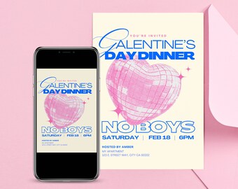 Galentines Day Invitation, Downloadable Template, Customizable Valentine's Day Invitation, Valentines day disco, modern retro design invite