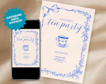 EDITABLE Blue Tea Party Invitation – Hand-Drawn Floral Ribbon, Vintage High Tea, Afternoon Tea Party Invitation, DIY Printable Template
