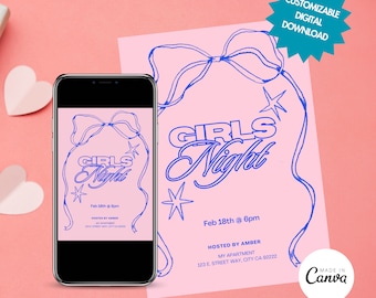 EDITABLE Cute Girl's Night Invitation, Valentine's Day, Ribbon doodle, handrawn invitation,  y2k retro design, galentine's card