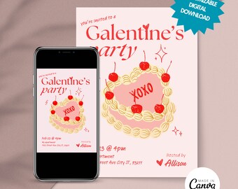 EDITABLE Cute Galentine's Day Cake, Customizable Invitation, Valentines day, hearts doodle cake, handwritten invitation for girls, card