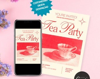 Customizable Vintage Tea Party Invitation, Editable invitation, retro modern elegant simple, Tea time, spill the tea, red card, galentine's