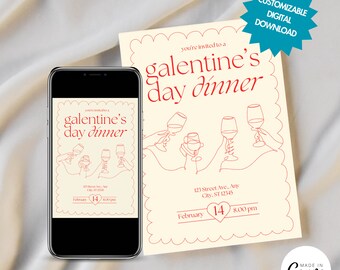 Galentines Day, Customizable Valentine's Day Invitation, Instant Download Valentines day, retro modern elegant simple line art Wine drinks