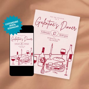BEWERKBARE Galentine's uitnodigingskaart, handgetekende rode illustratiekrabbels, illustratie in Franse stijl, charcuteriefeest, meidenavond