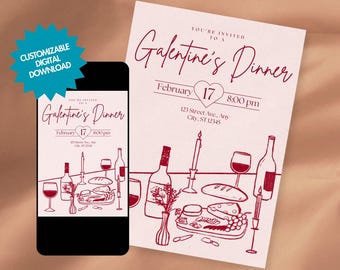 EDITABLE Galentine's Invitation card, hand drawn red illustration doodles, french style illustration, charcuterie party, girl's night