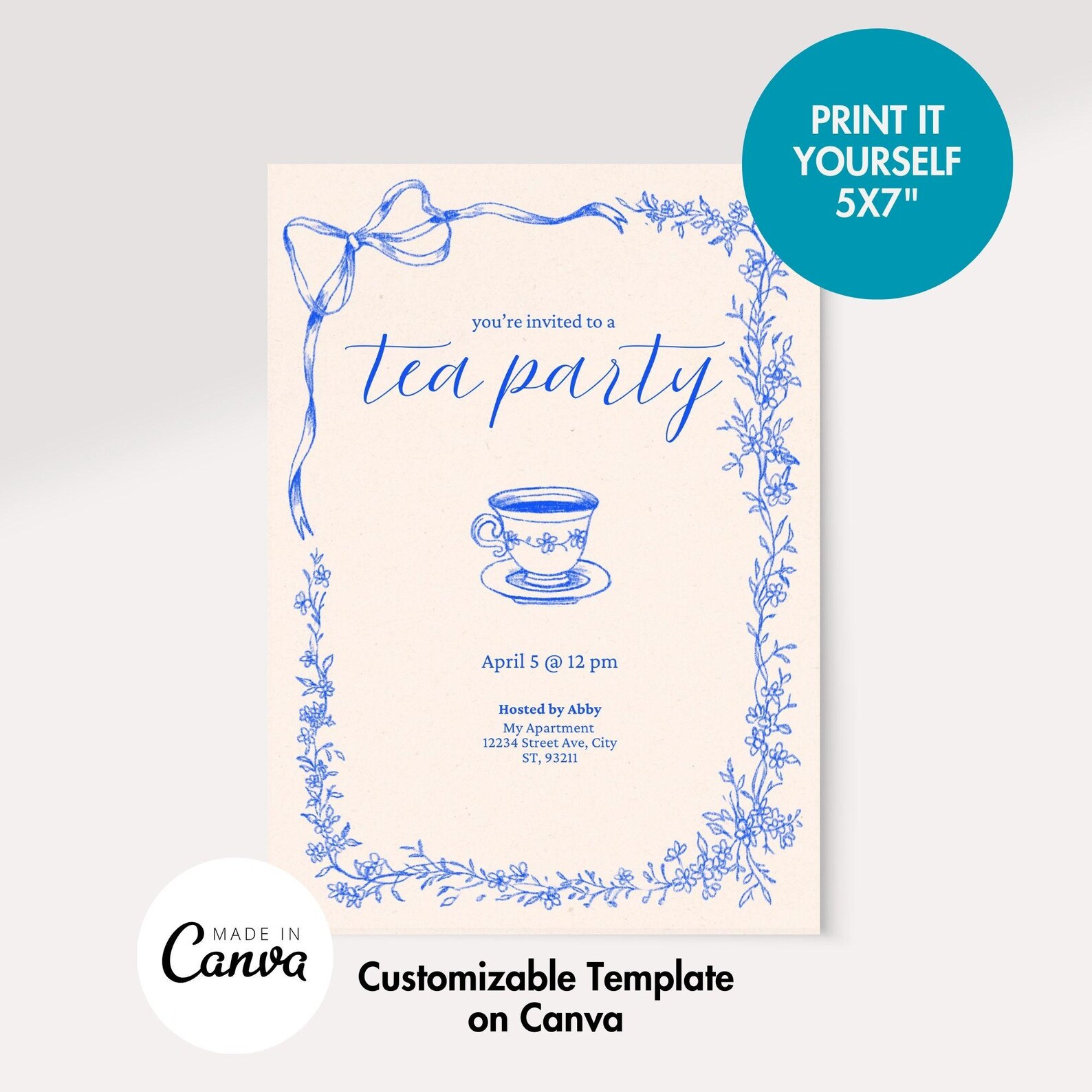 Editable High Tea Template EDITABLE Blue Tea Party Invitation – Hand-drawn Floral Ribbon, Vintage ...